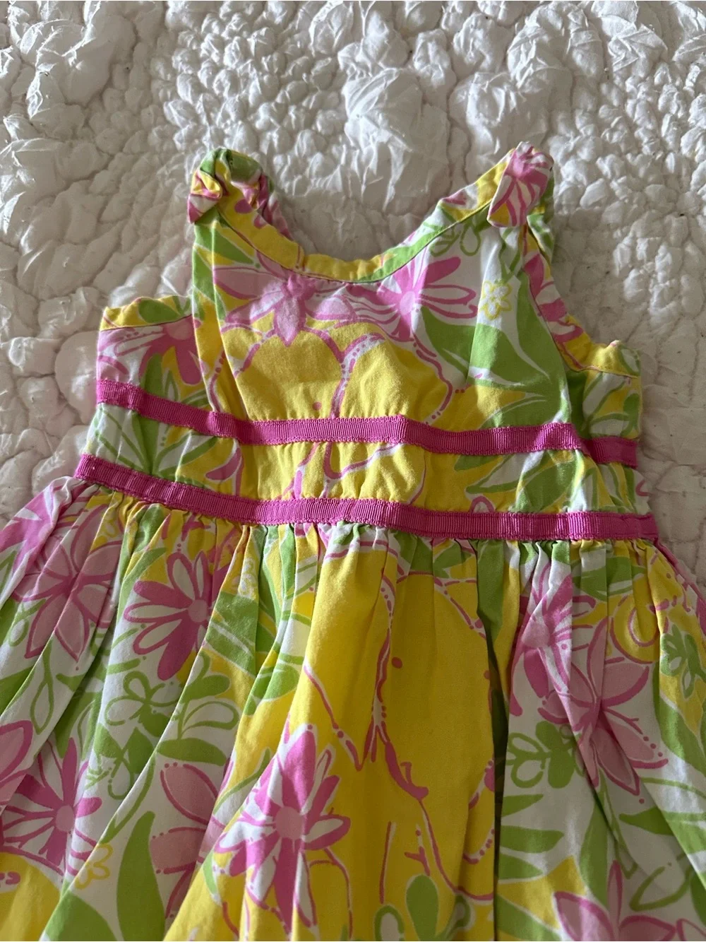 Lilly Pulitzer Yellow Elephant Floral Sundress with Pink and Green Print